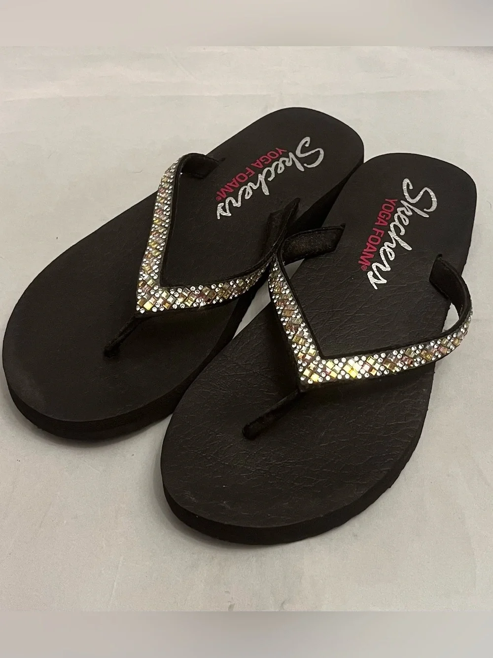 Skechers Black Flip Flops with Multi-Color Crystal Straps